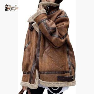 Oversized Faux Suede Moto Jacket Sherpa Fleece Lined Leather Coat